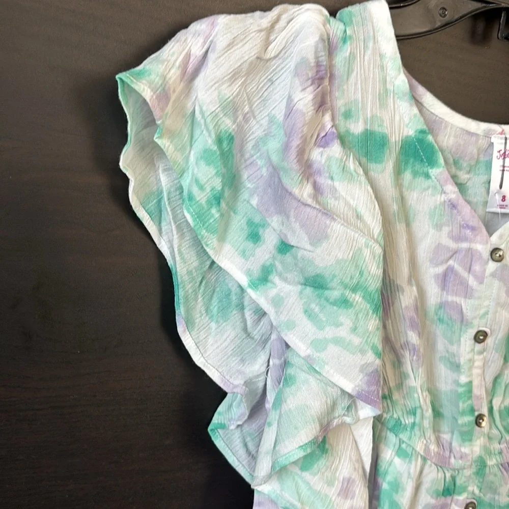 Justice Girls White Purple and Green Short Sleeve Ruffle Detailing Top